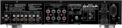 Marantz PM5004 integreret stereoforstærker sølv, bagside, nærbillede, audio-tilslutninger og kontroller