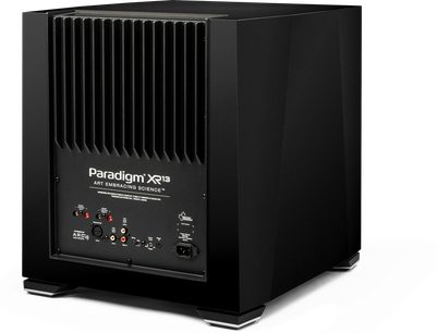 Paradigm XR 13 svart lakkert bassreflekskabinett, forfra, med svart grill, kontroller og porter på baksiden
