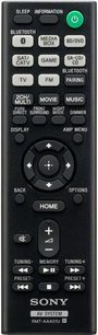 Télécommande noire Sony STR-DH590, vue de face, boutons rectangulaires et circulaires, texte blanc, logo en bas