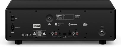 Černý vše‑v‑jednom systém Sonoro Prestige, zadní pohled se zdířkami RCA, optickým vstupem, anténami WiFi a DAB/FM