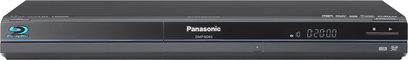 Panasonic DMP-BD65 Blu-ray-afspiller set forfra, digitalt display, kontrolknapper, blank sort front, rektangulær langstrakt form