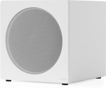 Tangent Spectrum II XSW8 witte subwoofer, kubus met metalen frontgrille, zwarte voetjes, 3/4-aanzicht
