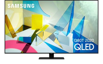 Samsung QE65Q80T 2020 QLED-fladskærms-TV, rektangulær fladskærm, smal sort ramme, farverige geometriske former på skærmen
