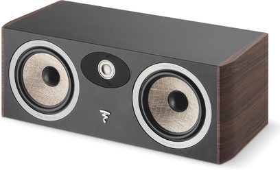 Centrální reproduktor Focal Aria CC 900 ořech, čelní pohled, tmavé dřevěné tělo, 2 stříbrné kruhové reproduktory