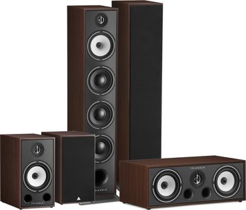 Sada sloupových reproduktorů Triangle Borea BR09 + BRC1 + BR03 v ořechovém provedení, 5 reproduktorů, 3 velikosti, černé reproduktory, tmavé dřevo