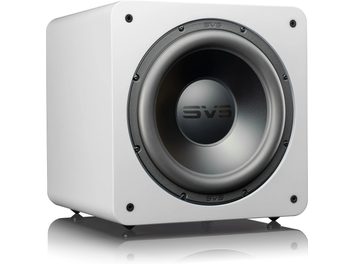 SVS SB-2000 Pro hvitlakkert bassreflekskabinett, frontvisning, svart rund høyttaler i midten, hvit kubisk kabinett
