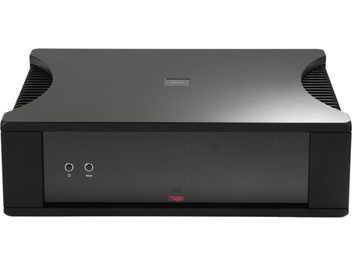 Rega Solis Stereo-Vollverstärker schwarz, minimalistische Frontblende mit Standby- und Mute-Tasten, Frontansicht