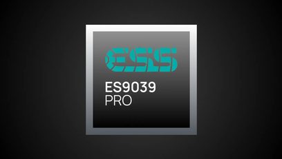 ESS logotipas turkio spalvos, tekstas „ES9039 PRO“ baltas, juodas fonas, šviesiai pilkas rėmelis, vaizdas iš priekio
