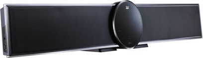 LG HLX55W soundbar set forfra, sort med metalgitter, LED-skærm, fjernbetjening