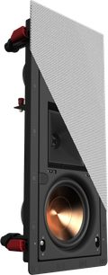Klipsch PRO-25-RW LCR indbygget højttaler, frontvisning, rektangulær hvid gitter, kobber højttaler, sort kant