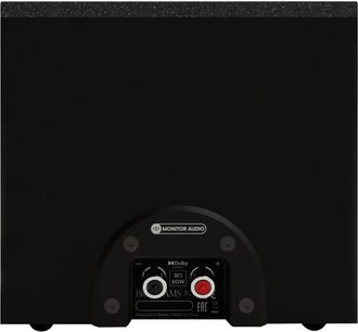 Мониторен високоговорител Dolby Atmos Monitor Audio Bronze AMS 7G в черно, дървена конструкция, заден изглед, правоъгълен матово черен корпус с полукръгла конекторна плочка и червени и черни клемни закачки