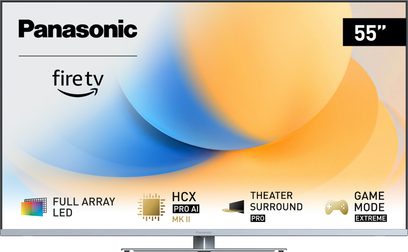 TV-55W93AE6 Panasonic, schermo piatto, vista frontale, logo fire tv, dimensione 55", sfondo sfumato blu e arancione, icone funzionalità