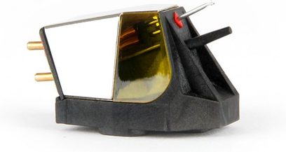 Rega Nd7 turntable, side view, black casing, gold metallic elements, silver tip, rear connectors