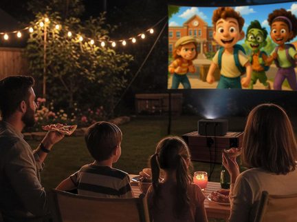 Cinema all'aperto, proiettore nero in plastica su tavolo di legno, schermo, lucine, vista da dietro di una famiglia
