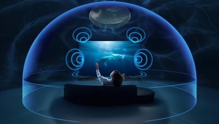 Draufsicht-Illustration einer Person von hinten, die auf einem mattschwarzen, geschwungenen Sofa sitzt, vor einem großen Bildschirm mit einer Unterwasserszene, umgeben von einer virtuellen, durchscheinend blauen Kuppel, die von leuchtenden konzentrischen Wellen durchzogen ist