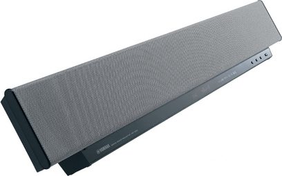 Soundbar Yamaha YSP-1100 di colore grigio scuro, rettangolare e allungata, con griglia metallica sulla parte frontale, vista frontale