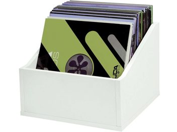 Beyaz vinil saklama mobilyası, ön perspektif görünümü, renkli kapaklı vinil plaklar içeren