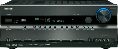 Onkyo TX-SR706 sort home cinema-forstærker set forfra, blåt display, sølvfarvede knapper og drejeknapper