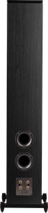 Sloupový reproduktor Heco AURORA XT 700 v tmavém dubu, pohled zezadu, tmavý dřevěný povrch, 2 kruhové výstupky, kovový svorkovnicový panel se 4 konektory