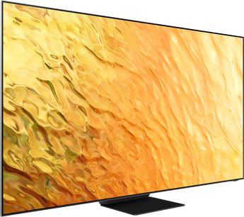 Samsung QE75QN800B 2022 75 tommer fladskærms-TV, frontvisning, tændt, viser abstrakte orange flammer