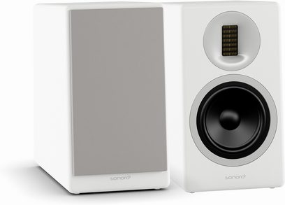 Altavoz de estantería Sonoro Orchestra (2.ª generación) blanco, rectangular, rejilla gris, woofer y tweeter negros