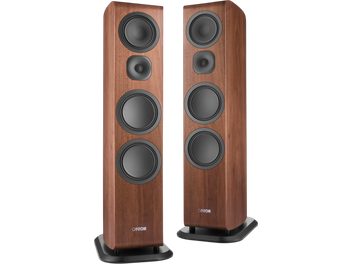 Pair of Canton Vento 101 floorstanding speakers in walnut, dark wood finish with four black drivers shown from the front