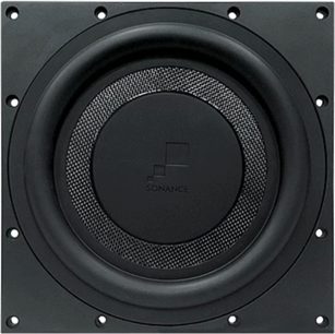 Caisson de basses encastrable Sonance R10SUB noir, vue de face, grille métallique circulaire perforée, logo central