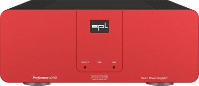 Hi-fi-effektforstærker SPL Performer s900 rød, set forfra med børstet frontpanel og centrale indikatorlys