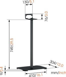 Vogel's SOUND 3305 sort højttaler-stativ, set forfra med mål i mm og tommer, rund base, lodret søjle, øverste holder