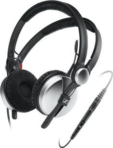Sennheiser Amperior sølv åbne hovedtelefoner, drejelige sorte ørekopper, polstret sølvfarvet metalbøjle, aftagelig jackstik-kabel, set fra trekvart vinkel forfra