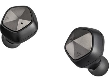 Fekete Astell&Kern AK UW100 vezeték nélküli fülhallgatók elölnézetből és oldalnézetből, szürke geometrikus mintákkal