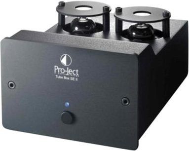 Pro-Ject Tube Box SE II sort forstærker, frontvisning, rektangulært mat sort kabinet, 2 vakuumrør øverst