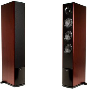Klipsch Icon WF-35 gulvhøjtalere i mørkt træ, set forfra, 3 højttalere synlige på forsiden af hver højttaler