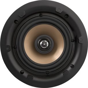 Boxă încastrabilă de tavan ArtSound HPRO525 văzută din față, cu ramă rotundă neagră și con central bronz