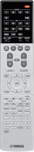 Yamaha RX-A750 Fernbedienung Titan, Vorderseite, Multifunktionstasten und -knöpfe, LCD-Display, Silber-Finish