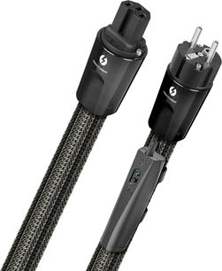 Zwei schwarze Audioquest Thunder IEC15 2m Netzkabel, IEC-Anschlüsse und Netzstecker, grau umflochten