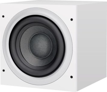 Bowers & Wilkins ASW608 witte subwoofer, vooraanzicht, zwarte ronde luidspreker in het midden van een vierkante witte behuizing