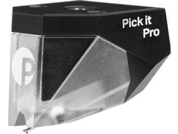 Ląstelė hi-fi vinilo grotuvui Pick It Pro, šoninis vaizdas, juodas korpusas, permatoma dalis, baltas logotipas „P“, matoma adata