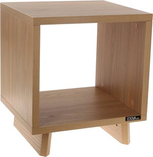 Lys træhylde med åben niche på forsiden og "Enova HIFI"-logoet på siden