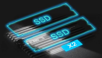 Zwei blaue rechteckige SSDs übereinander, Text "SSD" und "X2", schwarzer Hintergrund, Draufsicht, gerippte Oberfläche