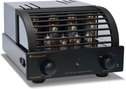 Amplificatore a valvole PrimaLuna EVO 100 nero, vista frontale, 8 valvole sulla parte superiore, pannello frontale con manopole e prese, griglia di ventilazione