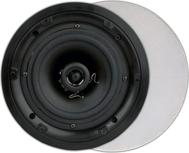 Innbyggbar takhøyttaler ArtSound FL620 med rund svart høyttaler og hvit perforert grill