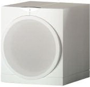 Hvid Waterfall Audio HF1 baskabinetfrontperspektiv, kubisk form, central rund højttaler