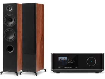 Hi-fi package with two black floorstanding speakers and wood finish, plus black network amplifier with front display
