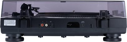 Plato giratorio de vinilo Reloop RT-1 BT negro, vista trasera con tapa transparente y conectores RCA, toma de tierra y alimentación