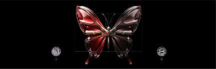 Stilisierter Schmetterling aus zweifarbigem, transluzentem Glas in Rot und Dunkelgrau, Frontalansicht vor schwarzem Hintergrund, symmetrisch ausgebreitete Flügel, glänzende und reflektierende Optik
