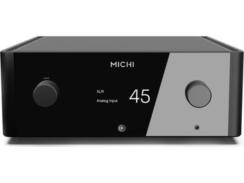 Rotel Michi X5 sort hi-fi stereoforstærker, frontvisning, display viser "XLR Analog Input 45", drejeknapper og tilslutninger