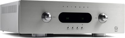 Front panel of a Primare SPA 21 metallic gray hi-fi stereo amplifier, blue display, buttons and inputs