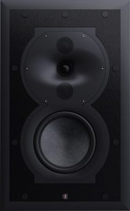 Altoparlante da incasso a parete in-wall Perlisten R4i-LCRS, vista frontale, pannello rettangolare nero, 2 altoparlanti circolari, 1 tweeter