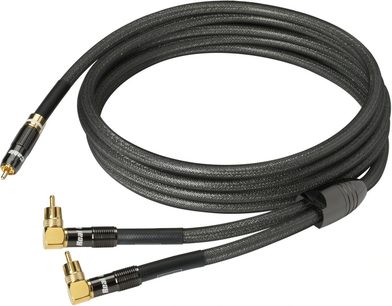Kabel til subwoofer Y-SUB1801 7,5m, forgyldte RCA-stik, sort flettet kappe, rullet op, to vinklet ender